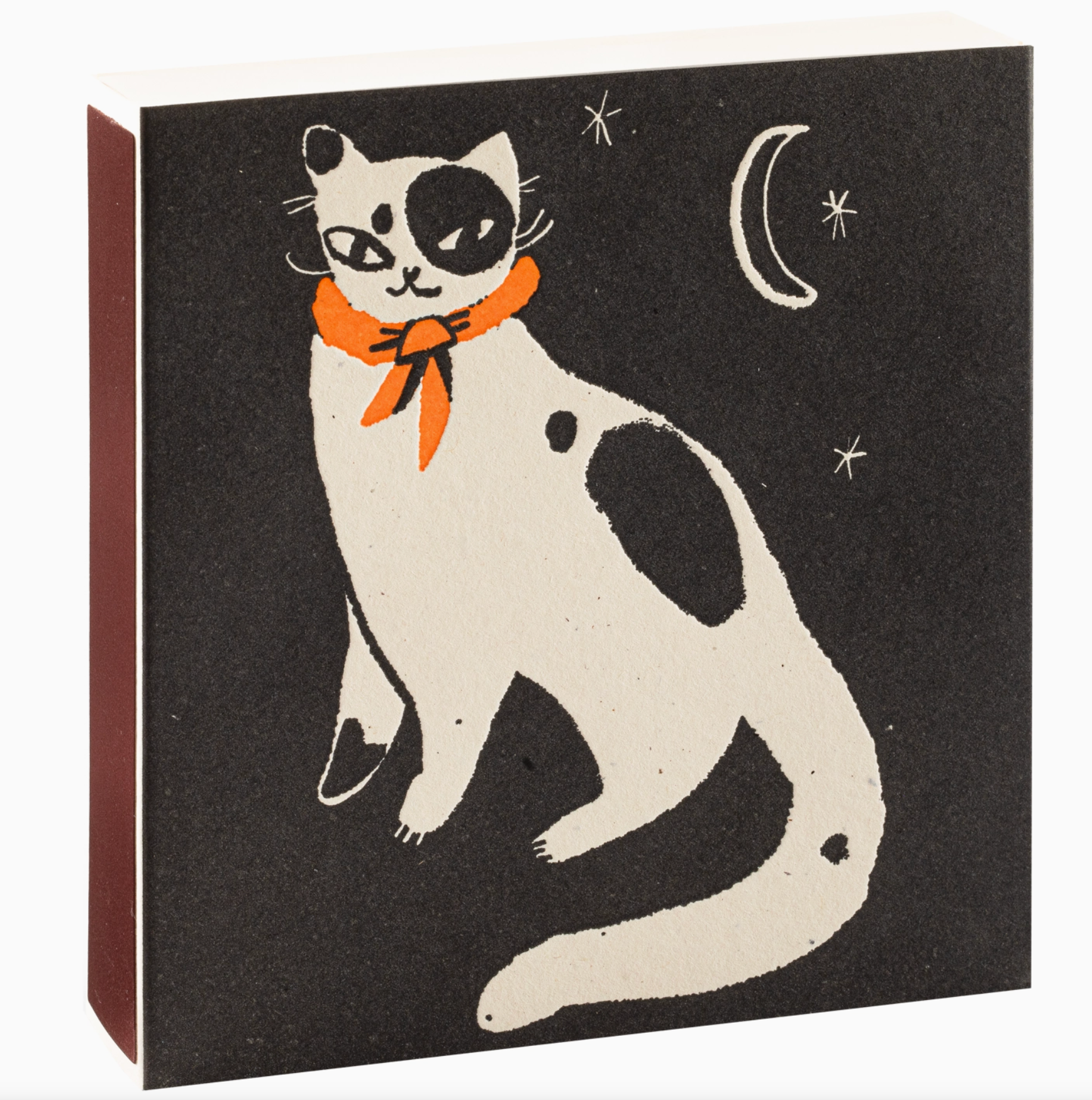 Black Cat Matches closed showing square black matchbox with illustrated white cat, crescent moon and stars