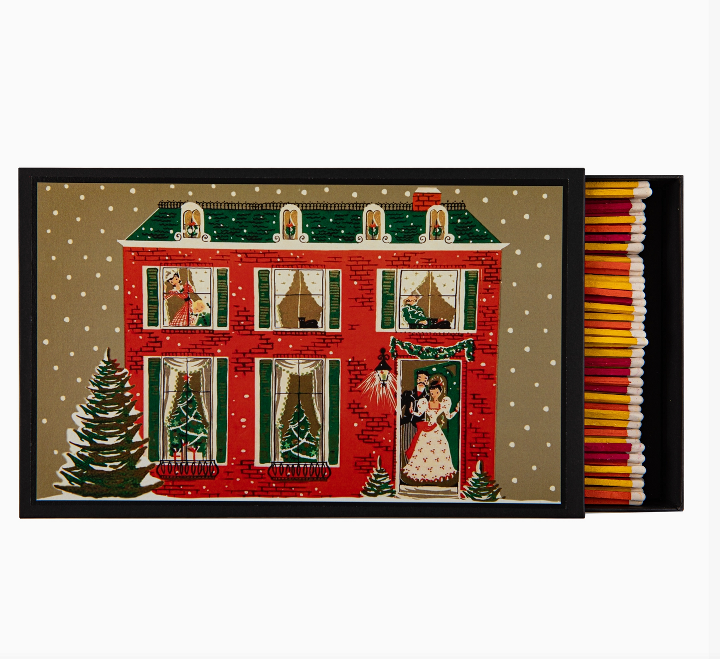 Christmas House giant matchbox open showing 150 multicoloured matchsticks and illustrated red brick house with Christmas decorations and family at the door