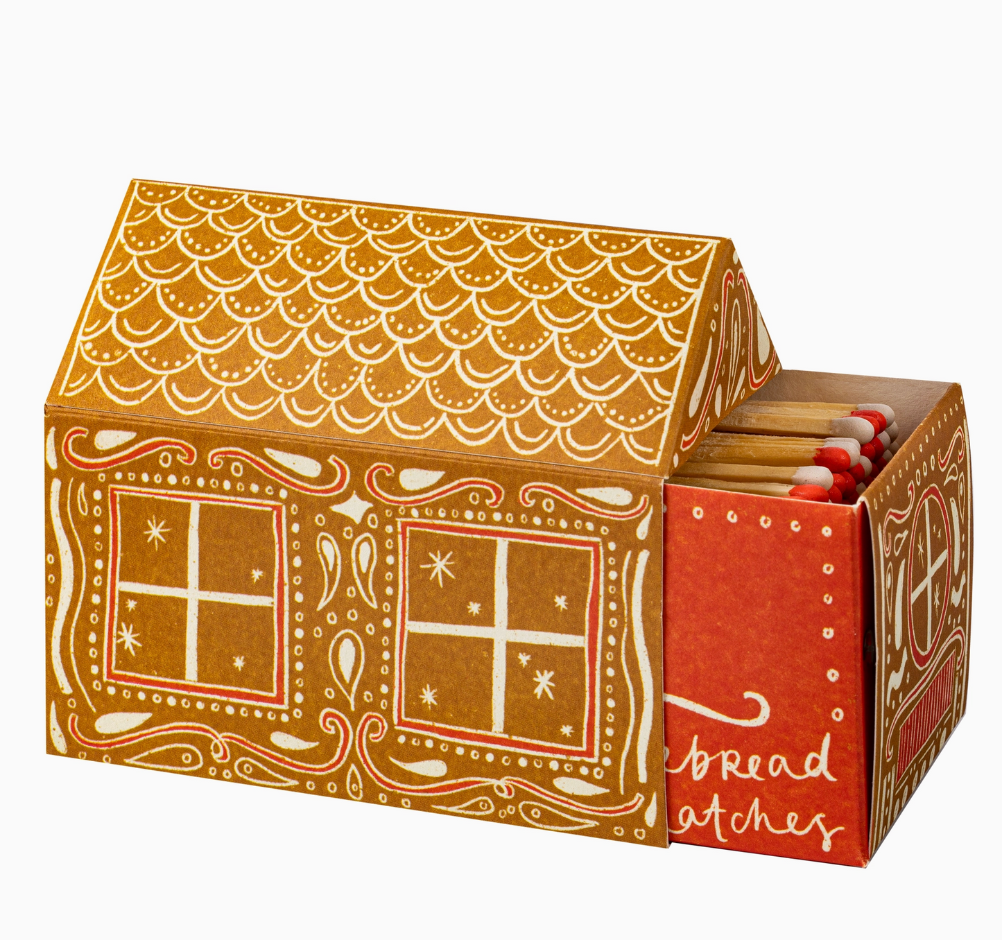Gingerbread House Matches open showing red-tipped natural wood matchsticks and house-shaped box with white icing detail and scalloped roof