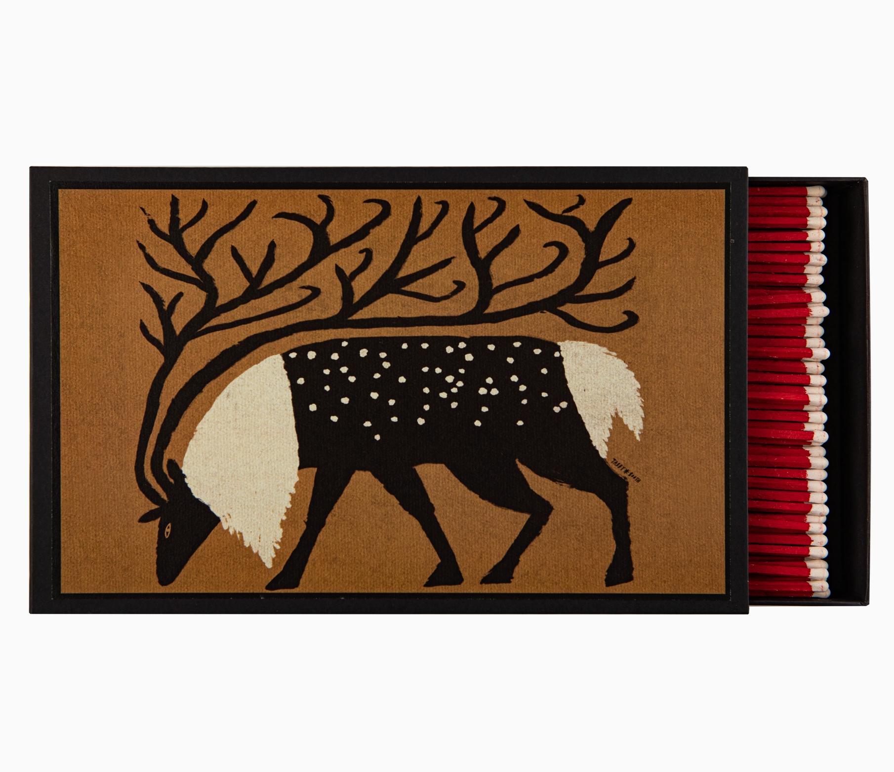 Reindeer giant matchbox open showing 150 red-tipped white matchsticks and illustrated black reindeer with ornate branching antlers on tan ground
