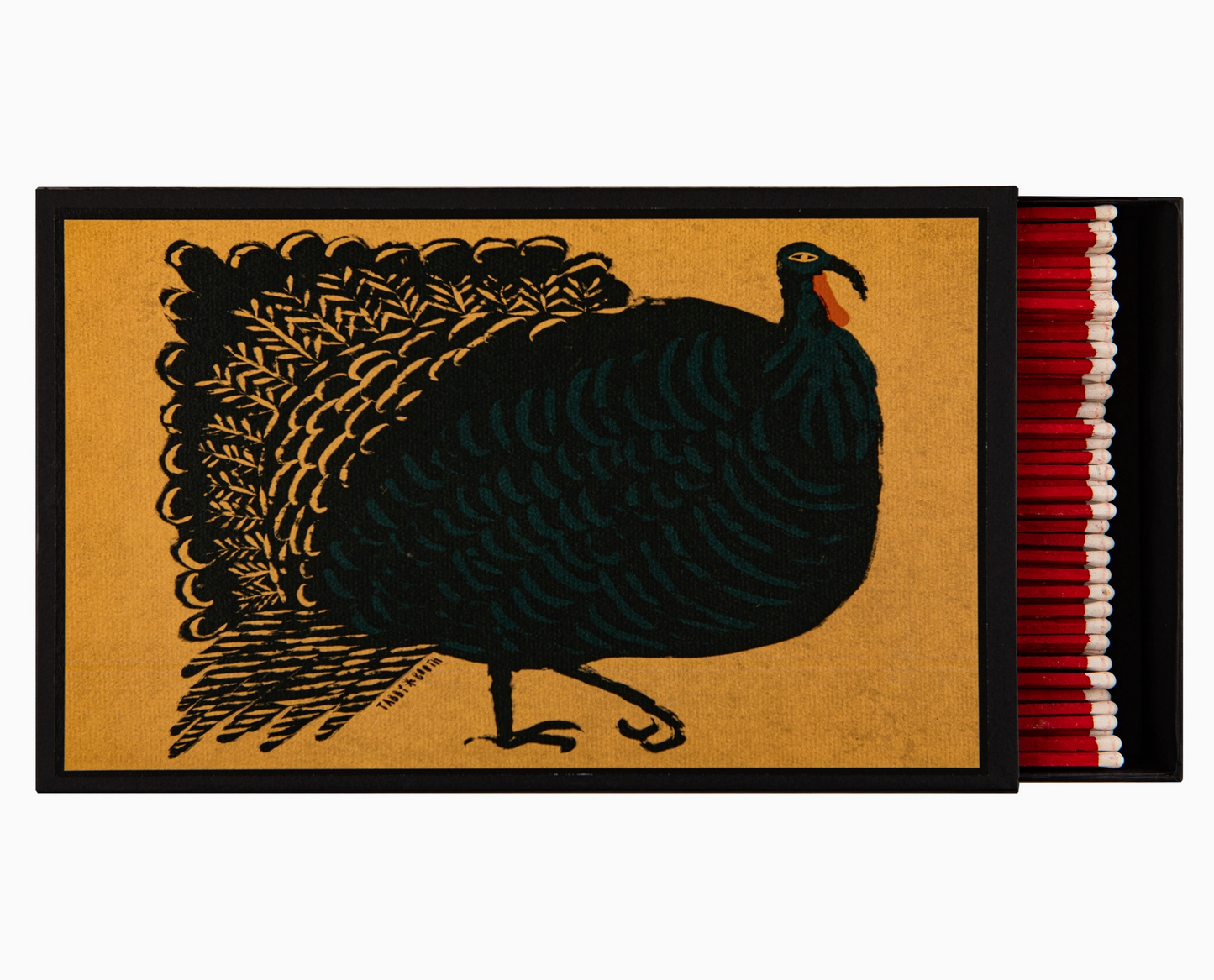 Peacock giant matchbox open showing 150 red-tipped white matchsticks and illustrated black peacock with elaborate fan tail on tan ground