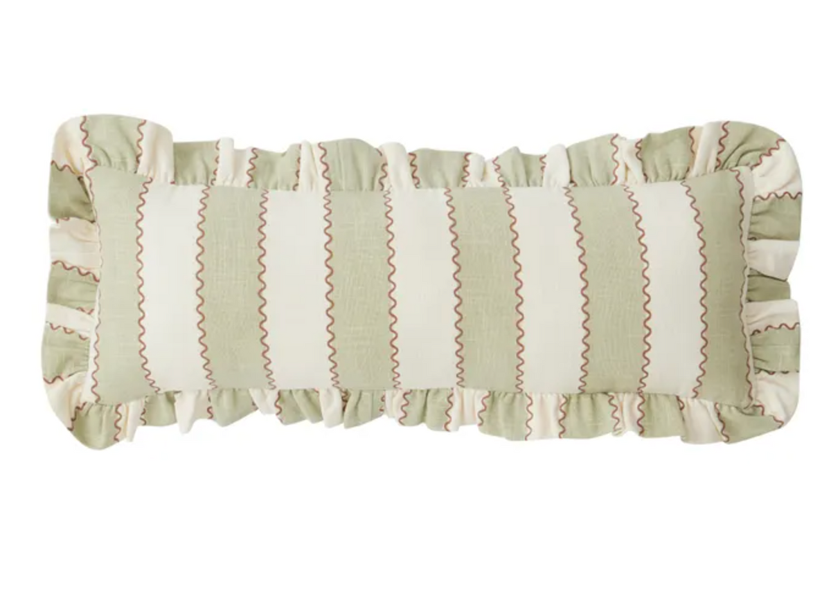 Cotton Bolster Cushion in pistachio and ivory stripe with ric-rac trim and gathered ruffle border