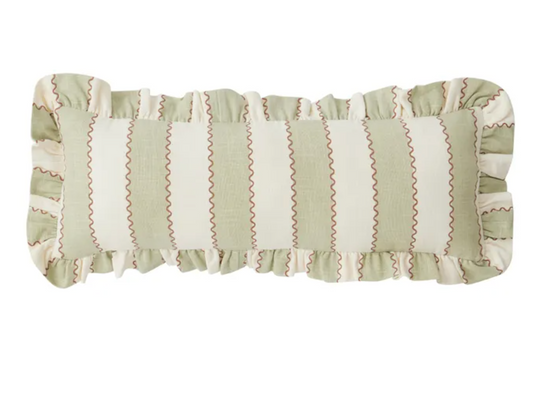 Cotton Bolster Cushion in pistachio and ivory stripe with ric-rac trim and gathered ruffle border