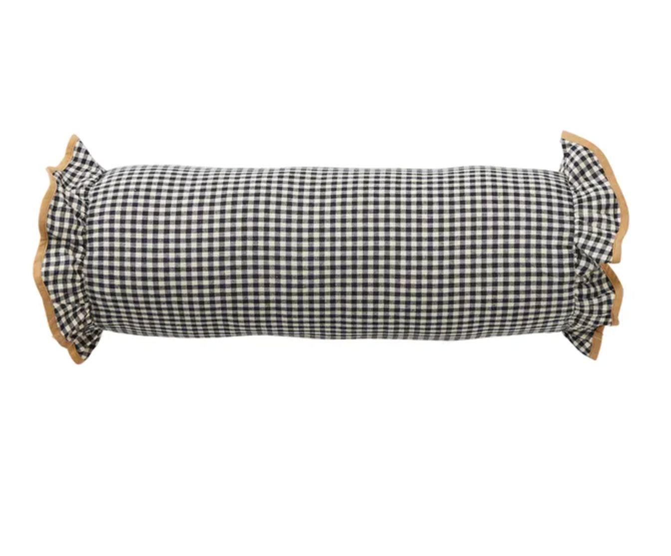 Cotton Bolster Cushion in black and ivory gingham check with gathered ruffle ends