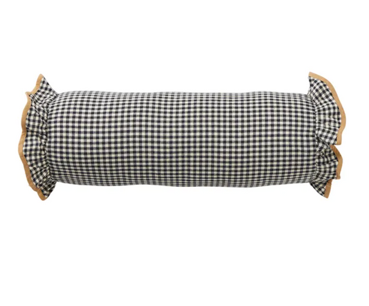 Cotton Bolster Cushion in black and ivory gingham check with gathered ruffle ends