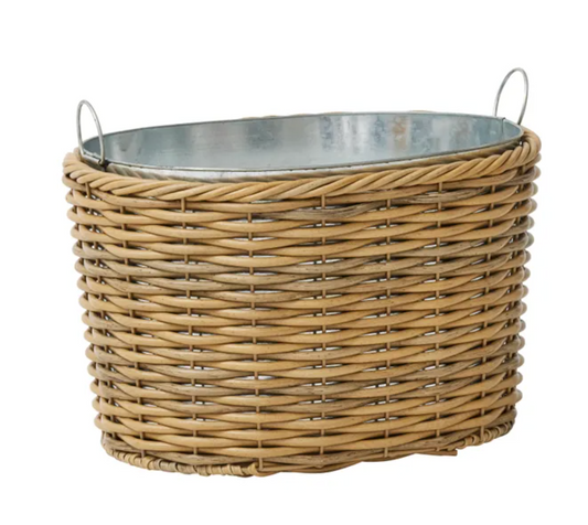 Oval Rattan Cooler in natural PE rattan with galvanised metal liner and wire handles