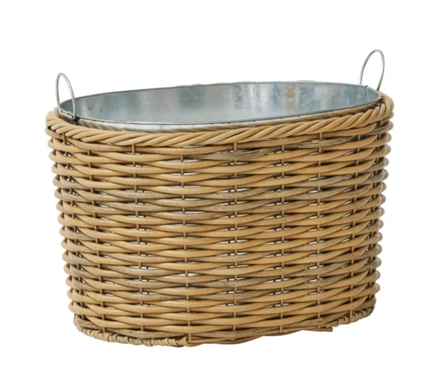 Oval Rattan Cooler in natural PE rattan with galvanised metal liner and wire handles