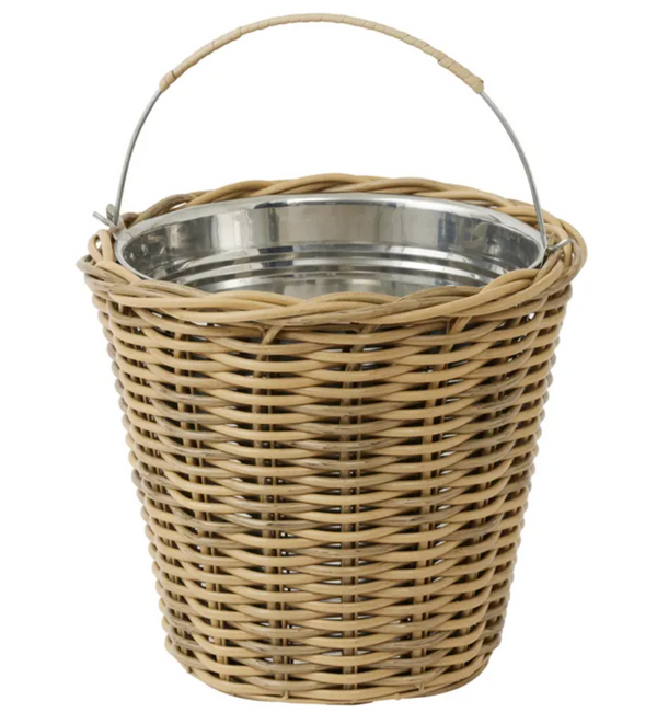 Rattan Wine Cooler in natural PE rattan with galvanised metal liner and wire handle