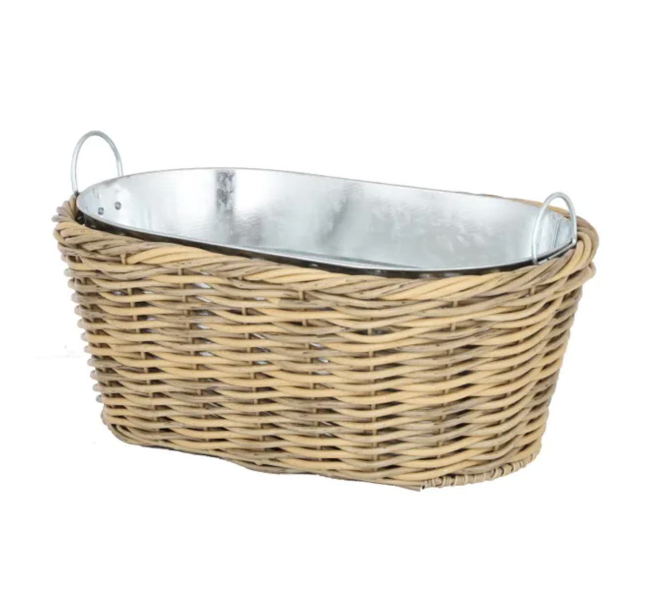 Oval Rattan Cooler in natural PE rattan with galvanised metal liner and wire loop handles