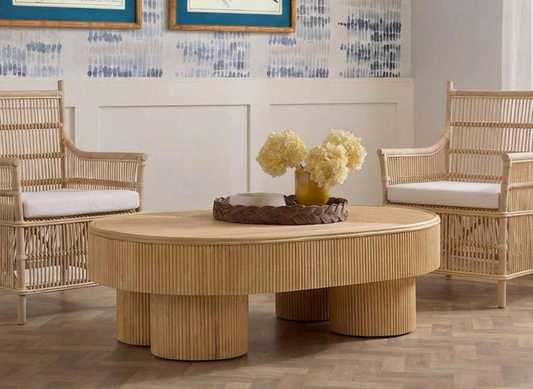 Rattan Tray styled on coffee table with rattan chairs