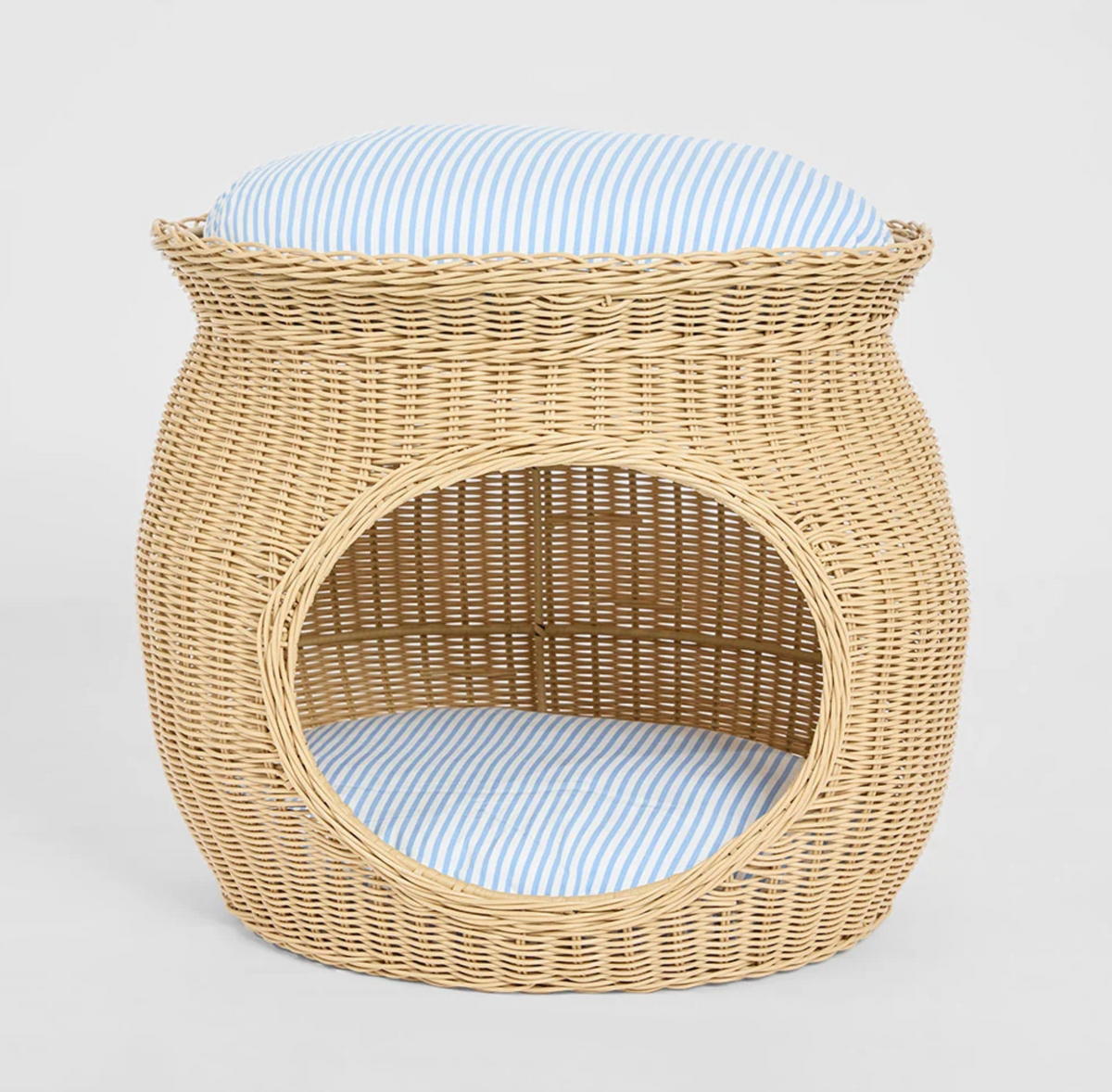 Rattan Pet Bed in beige PE rattan with blue stripe cushions - front view