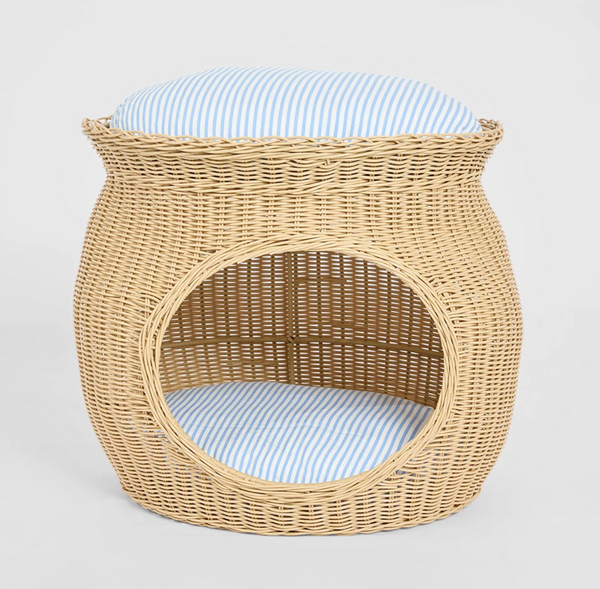 Rattan Pet Bed in beige PE rattan with blue stripe cushions - front view