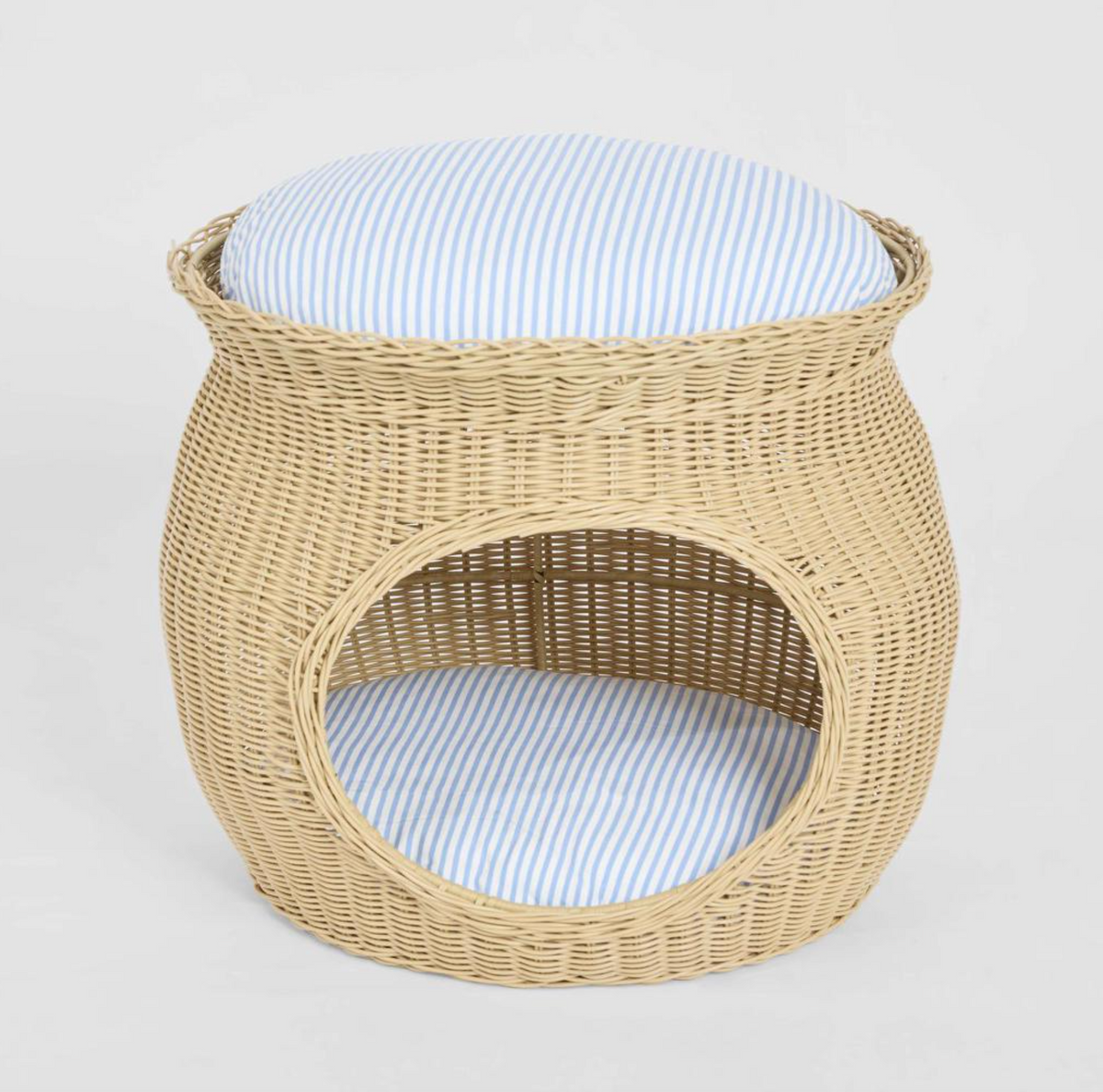 Rattan Pet Bed in beige PE rattan with blue stripe cushions - side view