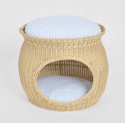 Rattan Pet Bed in beige PE rattan with blue stripe cushions - side view