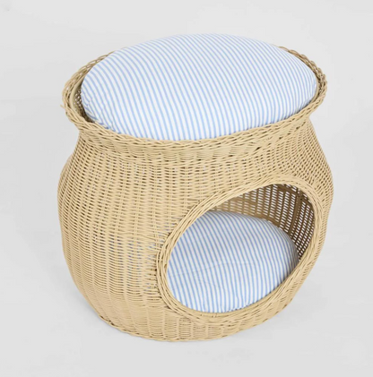 Rattan Pet Bed overhead angle showing domed form and stripe cushion top