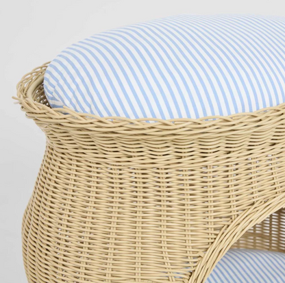 Rattan Pet Bed close up detail of woven PE rattan rim and stripe cushion