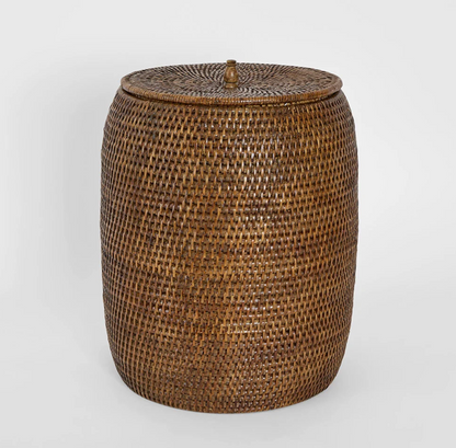 Rattan Lidded Basket in brown hand-woven rattan with fitted lid and knob handle - front view