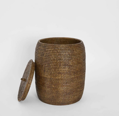 Rattan Lidded Basket in brown hand-woven rattan with lid removed showing open interior
