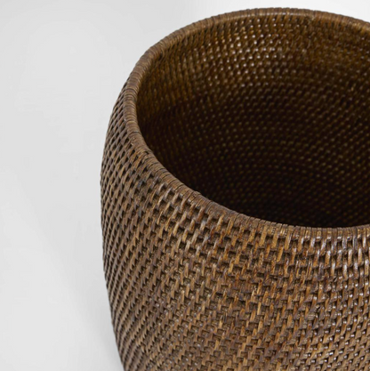 Rattan Lidded Basket close up detail of fine open weave and curved rim