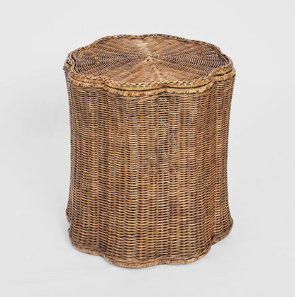 Scallop Rattan Basket in brown hand-woven rattan with fitted scalloped lid - front view