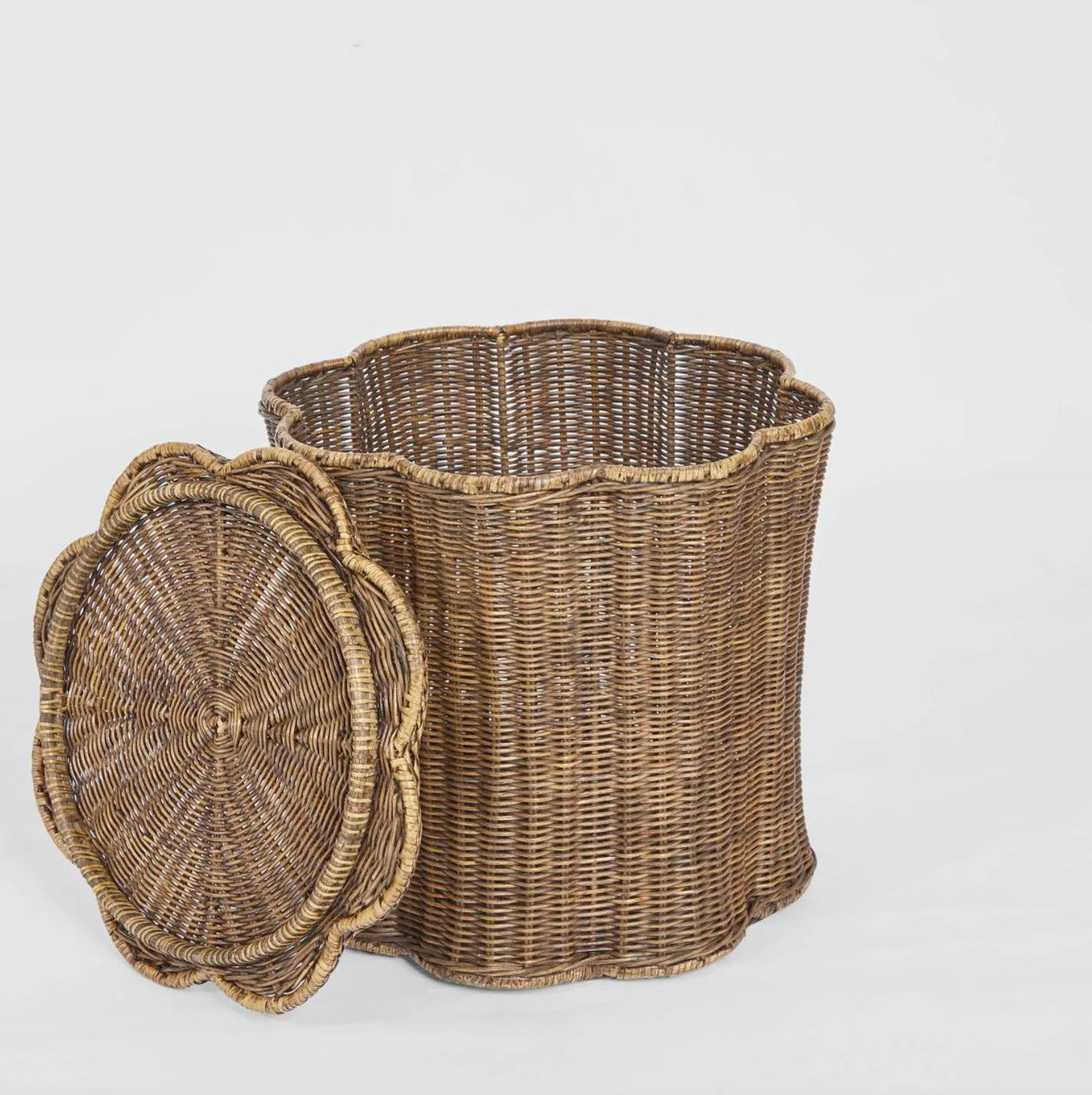 Scallop Rattan Basket in brown hand-woven rattan with lid removed showing open interior