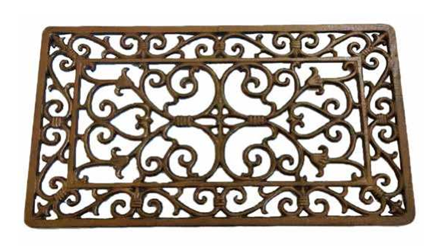 Cast Iron Door Mat in aged bronze with scrolling acanthus pattern and raised border frame