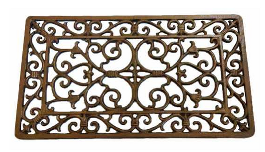 Cast Iron Door Mat in aged bronze with scrolling acanthus pattern and raised border frame