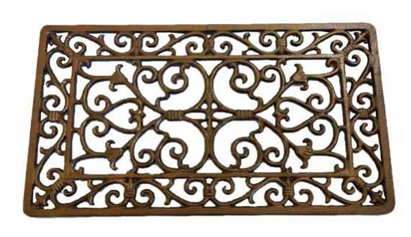 Cast Iron Door Mat in aged bronze with scrolling acanthus pattern and raised border frame