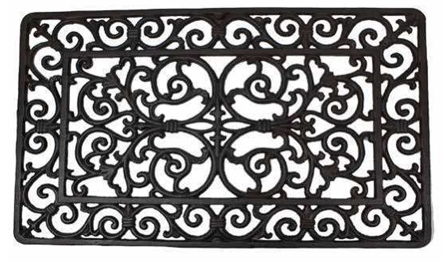 Cast Iron Door Mat in matte black with scrolling acanthus pattern and raised border frame - large