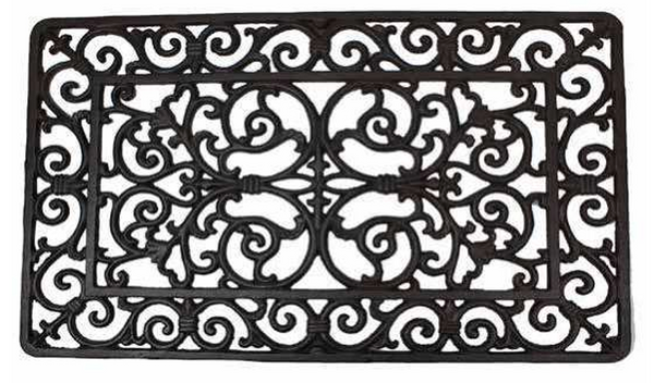 Cast Iron Door Mat in matte black with scrolling acanthus pattern and raised border frame - large