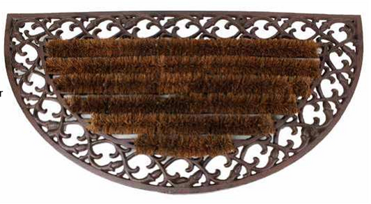 Cast Iron Door Mat Half Circle with coir brush inserts and scrolling ironwork border