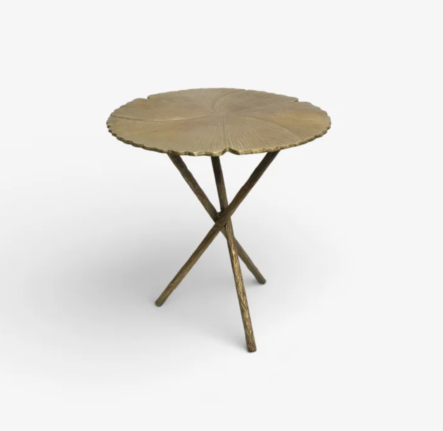 Brass Leaf Side Table - full view showing leaf-shaped top and twig tripod base