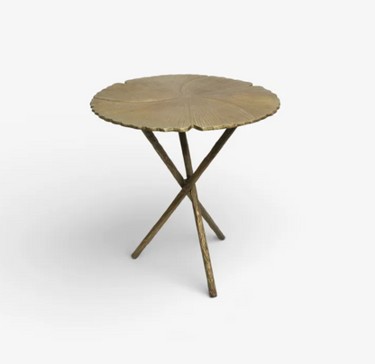 Brass Leaf Side Table - full view showing leaf-shaped top and twig tripod base