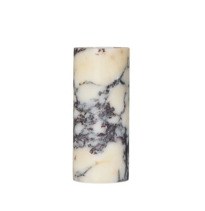 Marble effect table lamp on white background showing full cylindrical form