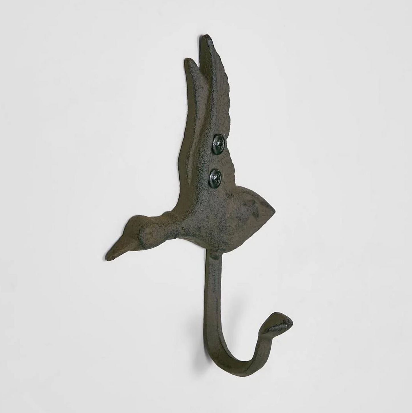 Cast Iron Flying Duck Wall Hook in aged brown - front view showing duck in flight