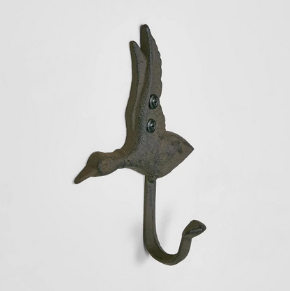 Cast Iron Flying Duck Wall Hook in aged brown - front view showing duck in flight