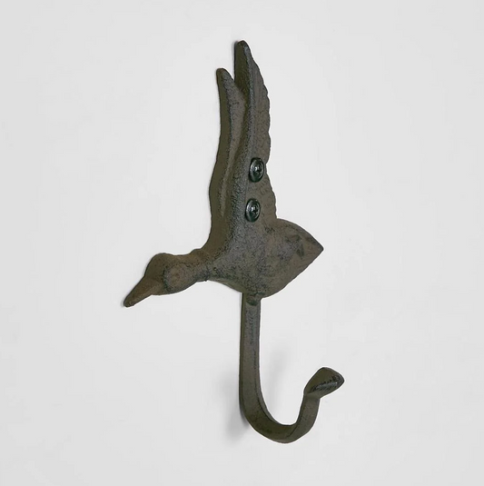 Cast Iron Flying Duck Wall Hook in aged brown - front view showing duck in flight