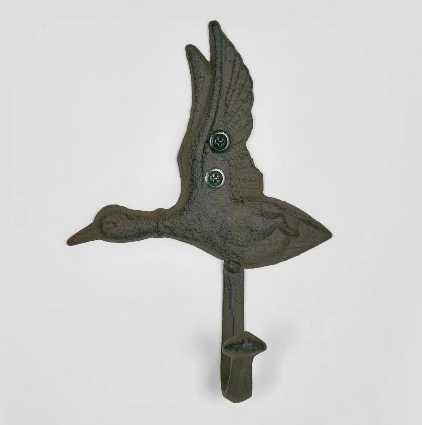 Cast Iron Flying Duck Wall Hook in aged brown - angled view showing hook and wall mount
