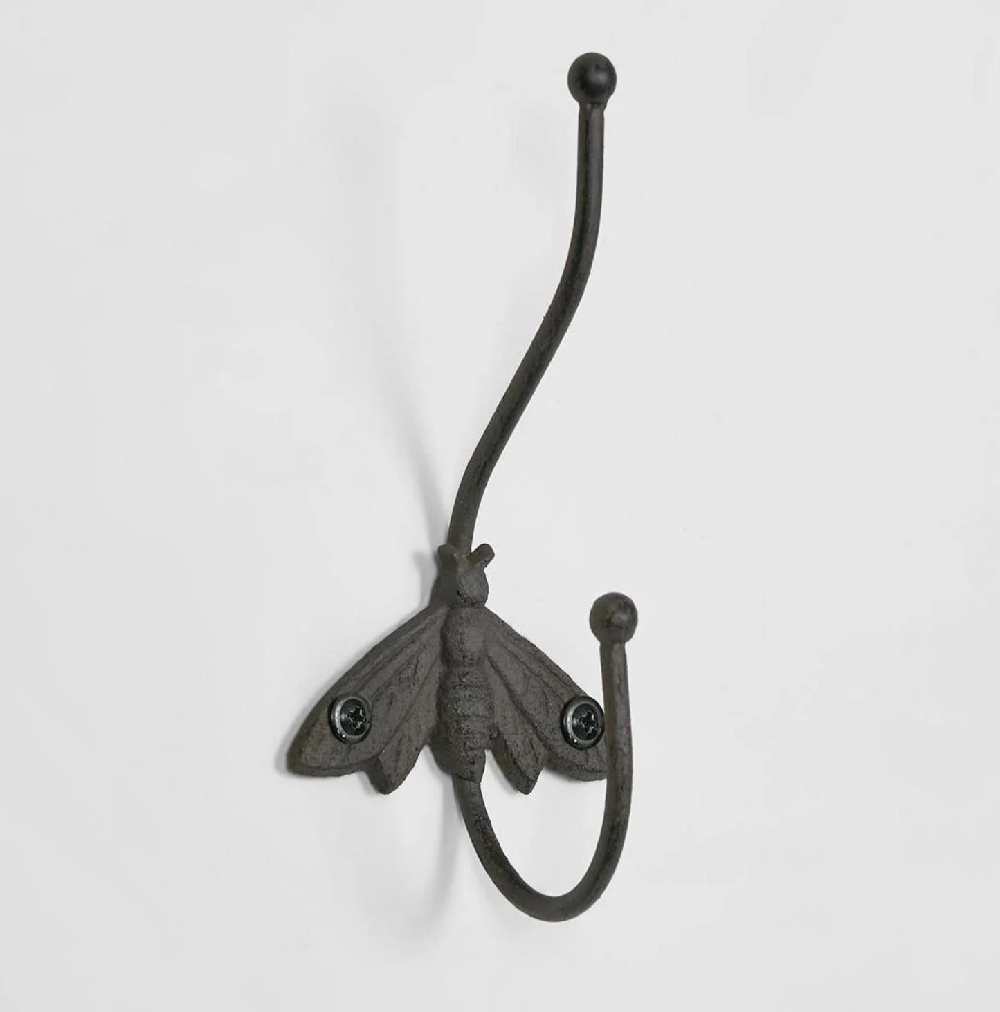 Cast Iron Bee Wall Hook in aged brown - full view showing bee motif and two curved hooks