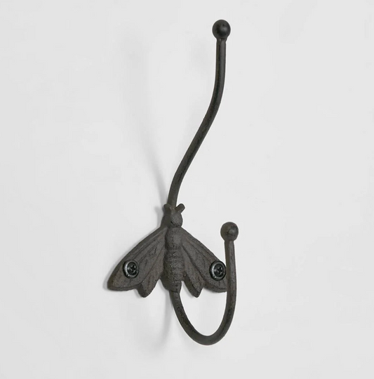 Cast Iron Bee Wall Hook in aged brown - full view showing bee motif and two curved hooks