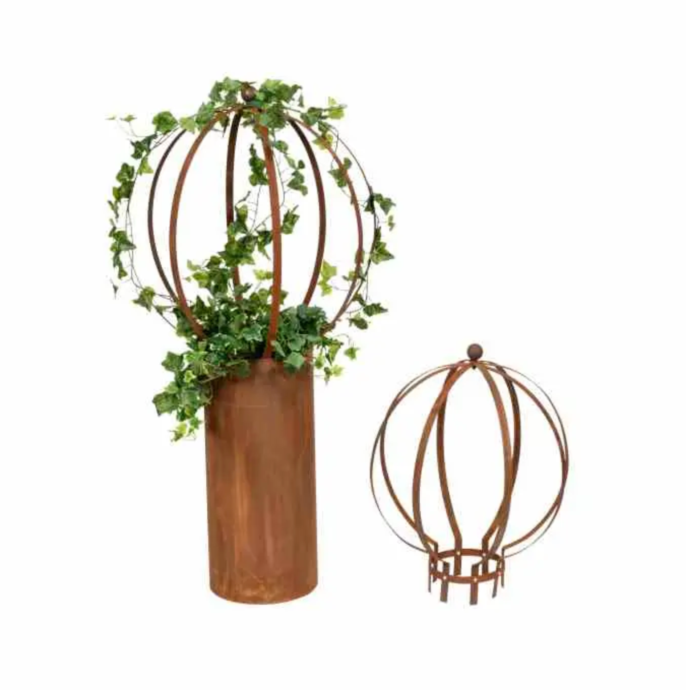 Ball Topiary Frame in pre-rusted mild steel with vertical ribs and ball finial - styled with ivy in tall planter