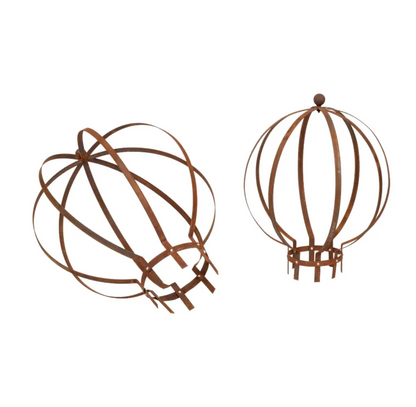 Ball Topiary Frame alongside armillary sphere in pre-rusted mild steel - comparison view