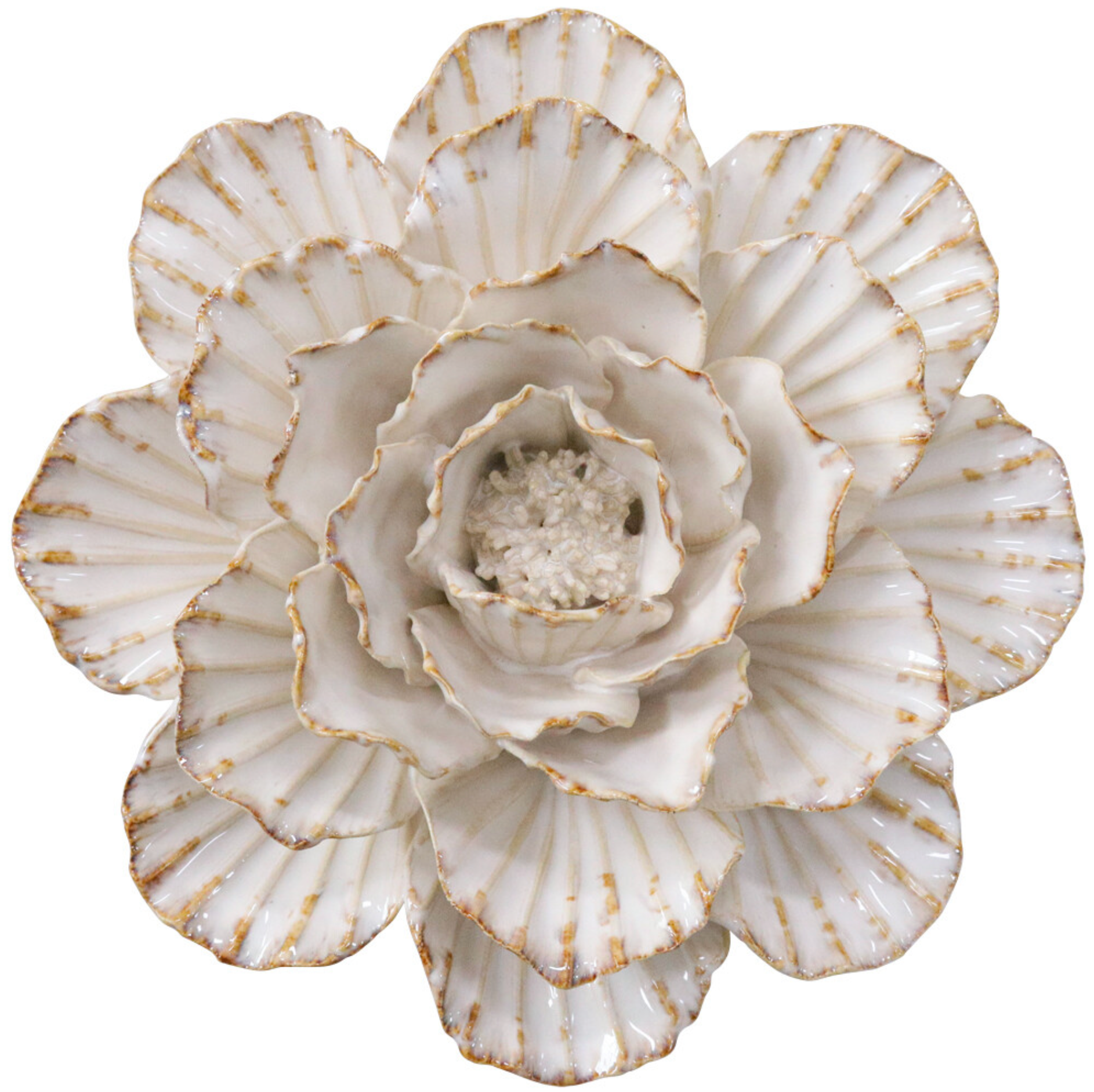 Cream ceramic wall flower with layered petals and distressed golden tips, top view