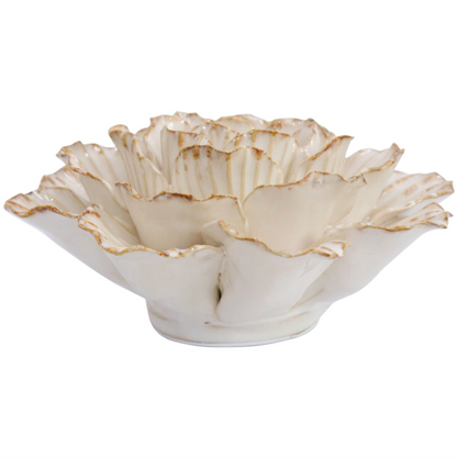 Cream ceramic wall flower with layered petals and distressed golden tips, side view