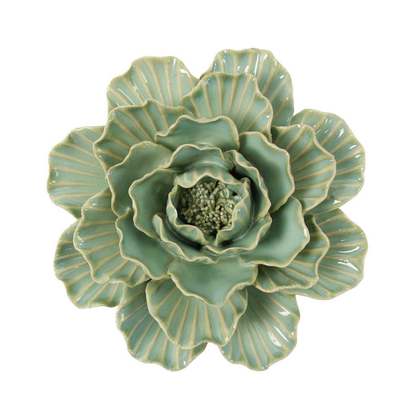 Seafoam ceramic wall flower with layered petals, top view