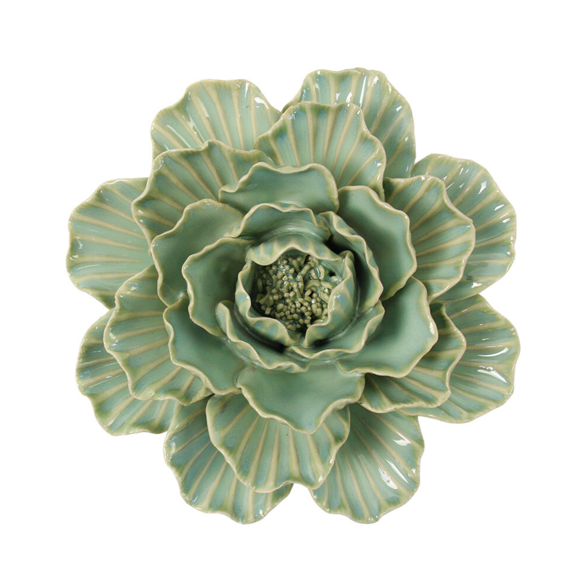 Seafoam ceramic wall flower with layered petals, top view