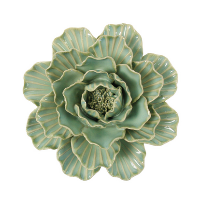 Seafoam ceramic wall flower with layered petals, top view