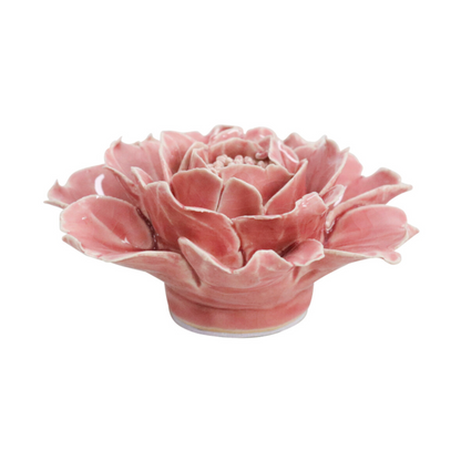 Rose ceramic wall flower with softly layered peony-style petals, side view