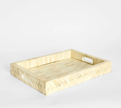 Bone inlay tray with herringbone border in ivory, side angle view
