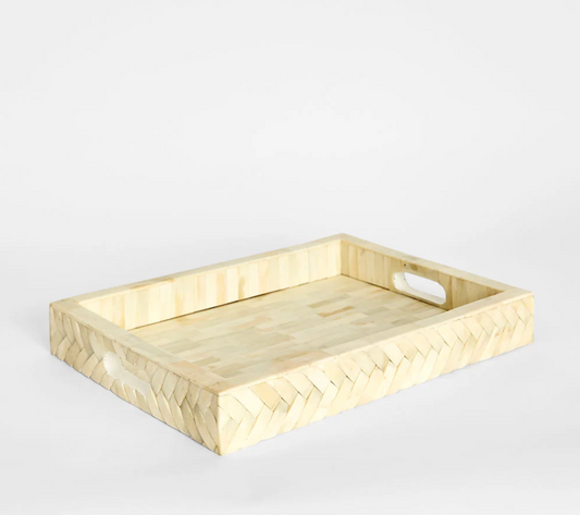 Bone inlay tray with herringbone border in ivory, side angle view